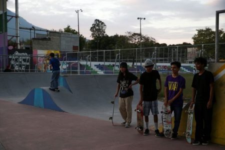 Young people gather in Zacamil Skate Park, a space built by the government so that young people from different communities could meet safely, in Mejicanos, El Salvador January 26, 2023. REUTERS/Jose Cabezas
