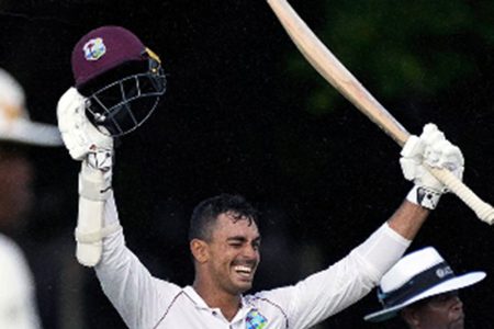 Tagenarine Chanderpaul celebrates his double hundred on yesterday’s third day of the opening Test against Zimbabwe
