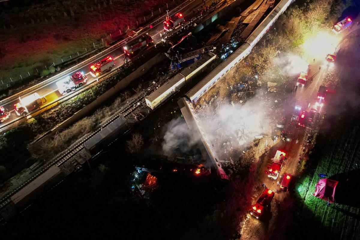 The site of a crash, where two trains collided, is seen near the city of Larissa, Greece, March 1, 2023. REUTERS/Yiannis Floulis/File Photo