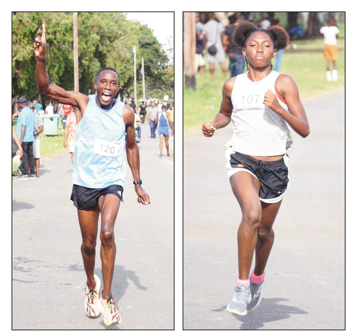 Track standouts Devaun Barrington and Attoya Harvey claimed the marquee senior trophies when the Jefford Classic Mile was staged yesterday inside the National Park. (Emmerson Campbell photos)