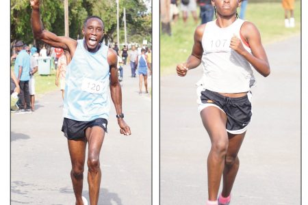 Track standouts Devaun Barrington and Attoya Harvey claimed the marquee senior trophies when the Jefford Classic Mile was staged yesterday inside the National Park. (Emmerson Campbell photos)