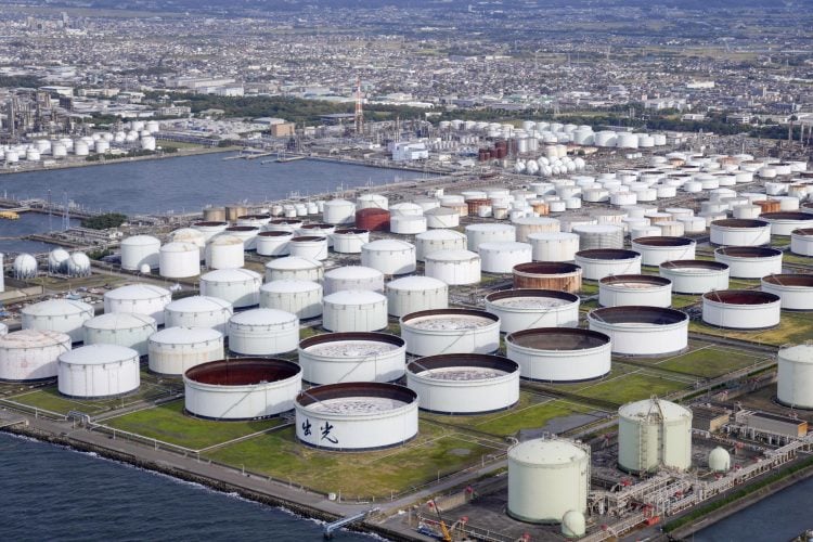 FILE PHOTO: An aerial view shows an oil factory of Idemitsu Kosan Co. in Ichihara, east of Tokyo, Japan November 12, 2021, in this photo taken by Kyodo. Picture taken on November 12, 2021.  Mandatory credit Kyodo/via