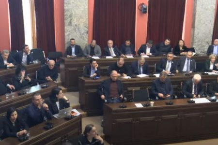 Video from inside the parliament building in Tbilisi, the Georgian capital, showed a brief but violent brawl between lawmakers after the chairman of the chamber's legal affairs committee appeared to strike the leader of the United National Movement opposition party, which opposes the law.
Image: Parliament of Georgia