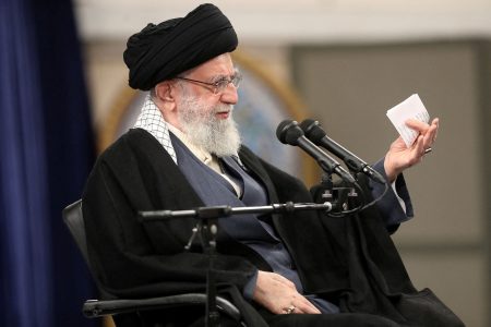 FILE PHOTO: Iran's Supreme Leader Ayatollah Ali Khamenei speaks during a meeting with members of the Air Force in Tehran, Iran February 8, 2023. Office of the Iranian Supreme Leader/WANA (West Asia News Agency)/Handout via REUTERS