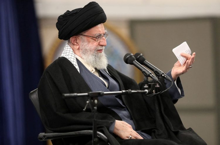 FILE PHOTO: Iran's Supreme Leader Ayatollah Ali Khamenei speaks during a meeting with members of the Air Force in Tehran, Iran February 8, 2023. Office of the Iranian Supreme Leader/WANA (West Asia News Agency)/Handout via REUTERS