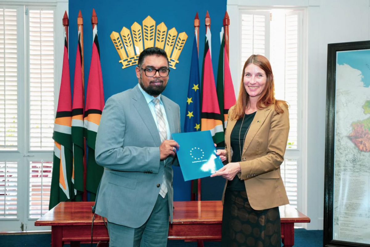 President Irfaan Ali (left) and Deputy Secretary-General of the European External Action Service Helena König during yesterday’s signing at State House. (Office of the President photo) 