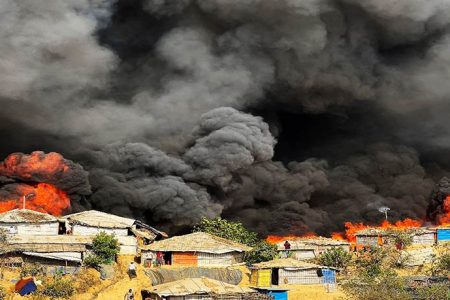 Fire burns in the Rohingya refugee camp in Balukhali in Cox’s Bazar, Bangladesh, March 5, 2023.