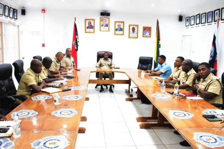 Acting Top Cop Clifton Hicken and other Senior Traffic Officers of the Guyana Police Force at the meeting yesterday