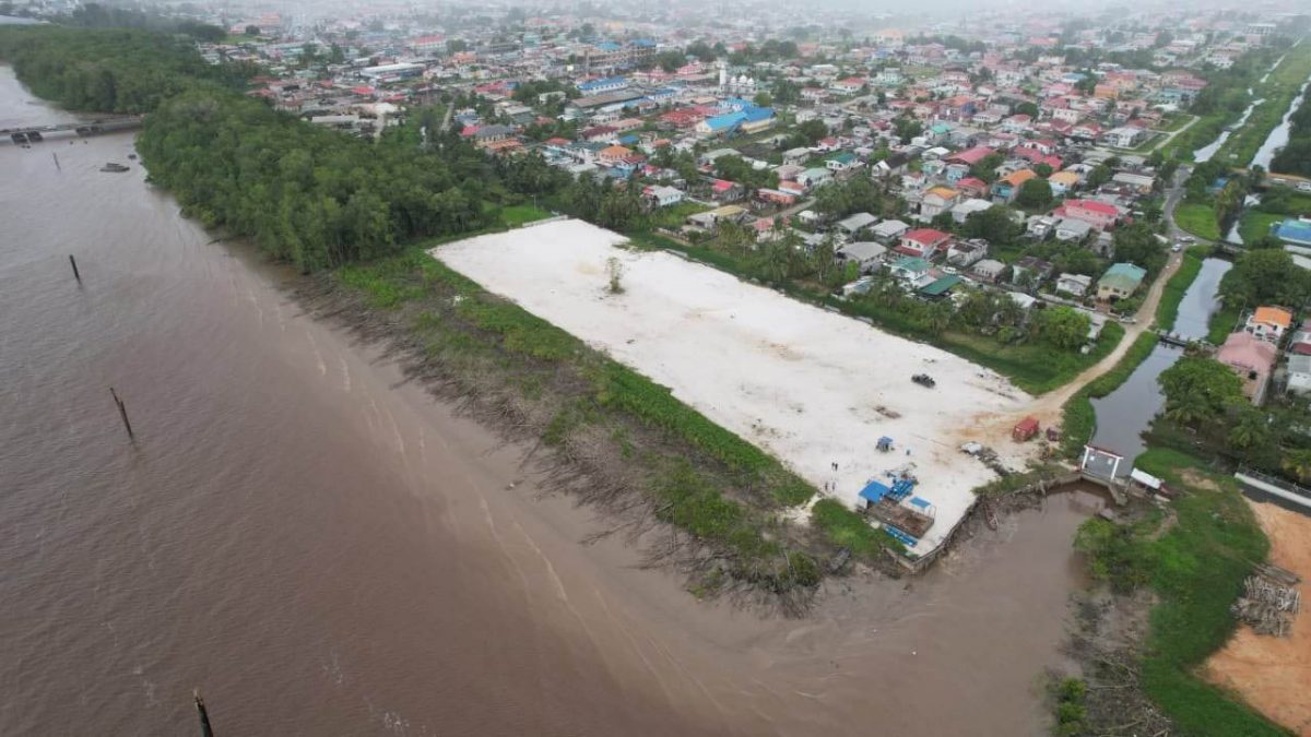 An overhead view of the mobilization and storage site on the East Bank of Demerara.

