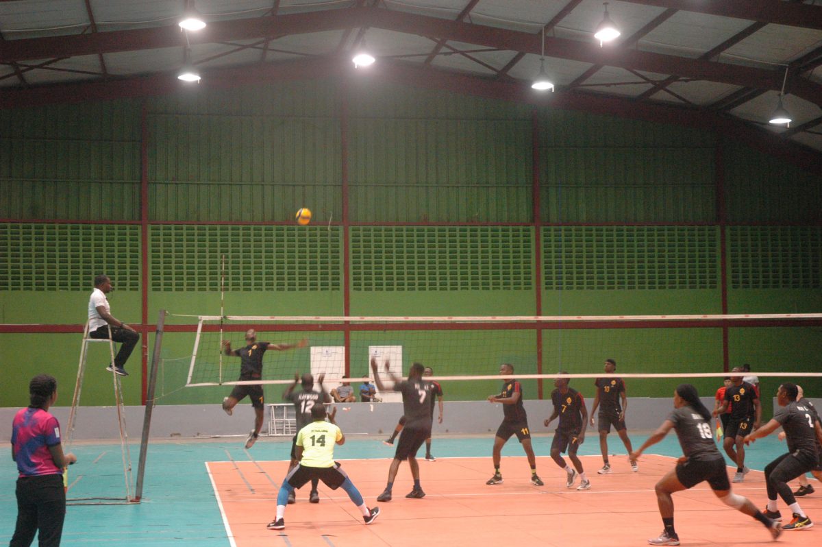 A scene from the DVA Senior Men’s League championship final between GDF and Eagles at the National Gymnasium, Mandela Avenue