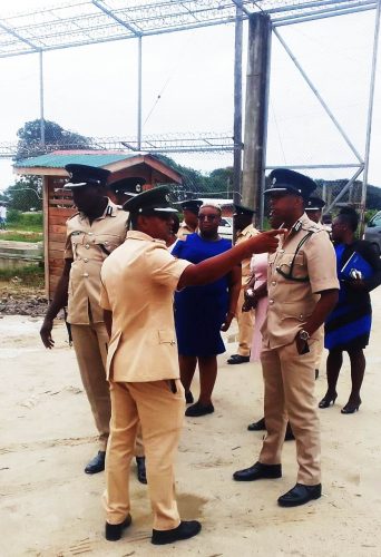 Senior Superintendent of Prisons Deoraj Gyandat making a point to Director of Prisons Nicklon Elliot during visit