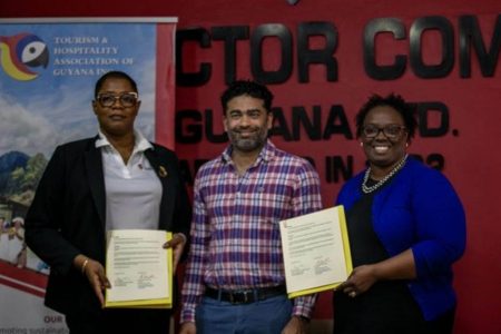 From left: Executive Director of THAG Oslyn Kirton, President of THAG Harrinand Persaud, and BCSI Executive Director Michelle Smith-Mayers at the signing on Thursday
