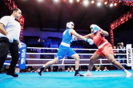  Local boxing prospect, Abiola Jackman (in red) in action during her heavyweight bout at the International Boxing Association (IBA) Women’s World Boxing Championships in India.