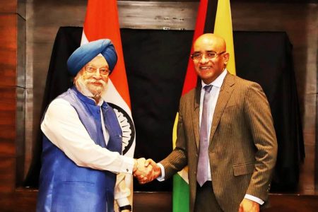 Vice President Bharrat Jagdeo Singh (right) meeting India’s Minister of Petroleum and natural gas Hardeep Sing Puri