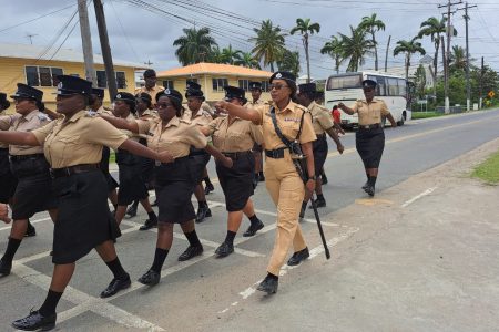 Female Officers and Ranks of the Guyana Police Force on parade yesterday morning outside the GPF’s Headquarters at Eve Leary, Georgetown in celebration of International Women’s Day. (Police photo)