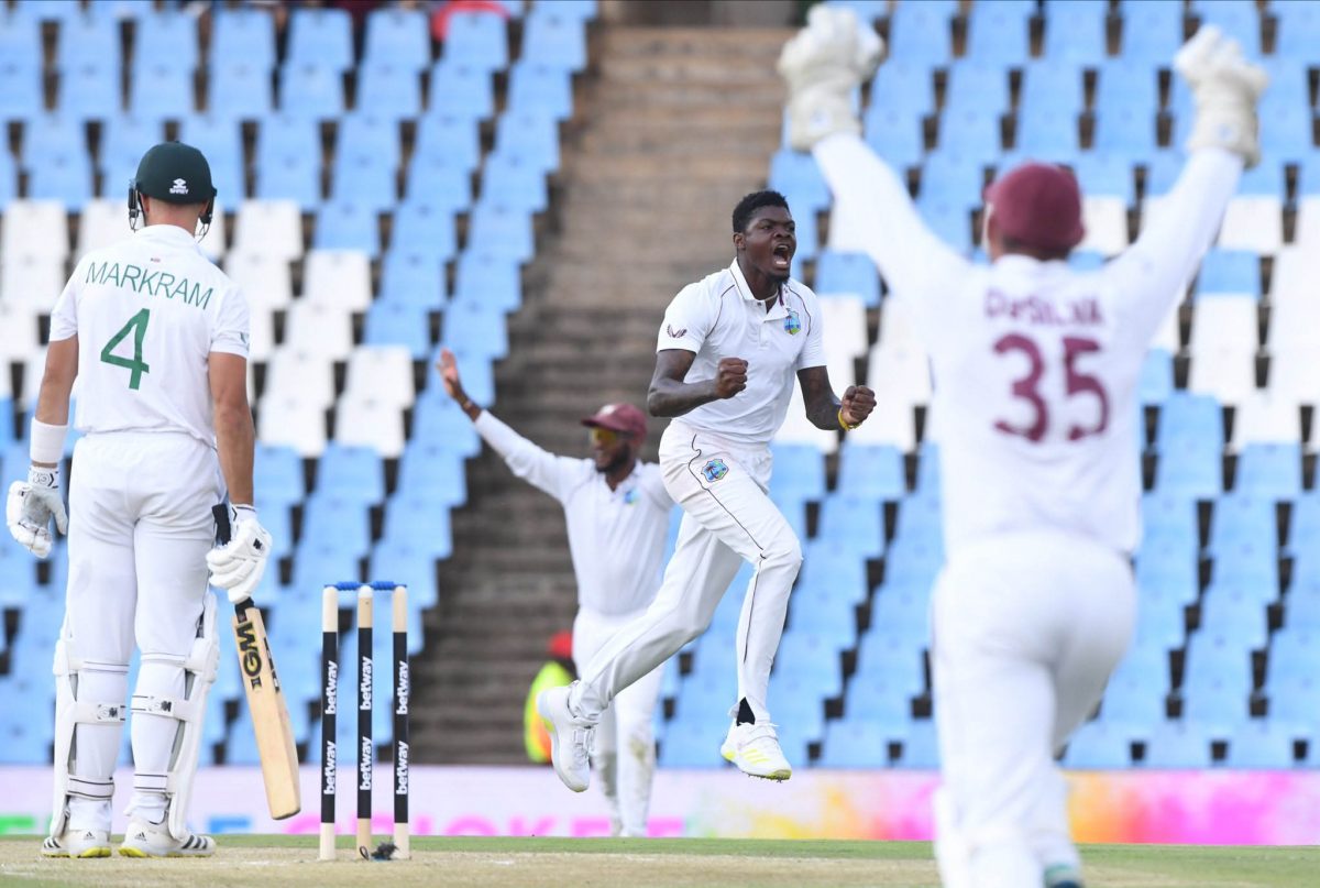 West Indies pacer Alzarri Joseph screams his delight after taking a wicket against hosts South Africa on the second day of the first Test on Wednesday in Centurion. (WIPA photo) 