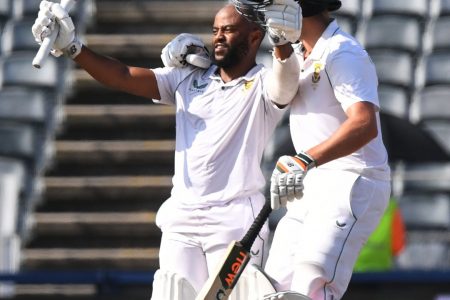 Hosts South Africa captain Temba Bavuma celebrates his second Test hundred and which helped put his side in command against West Indies on the third day of the second Test at the Wanderers in Johannesburg. 