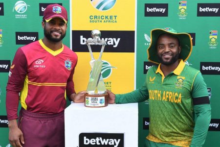 SERIES SHARED! West Indies captain Shai Hope and his South Africa’s  Temba Bavuma with the Betway One Day Series trophy. (Photo courtesy Cricket South Africa)