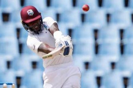 Jermaine Blackwood goes on the attack during his top score of 79 in West Indies’ second innings. 