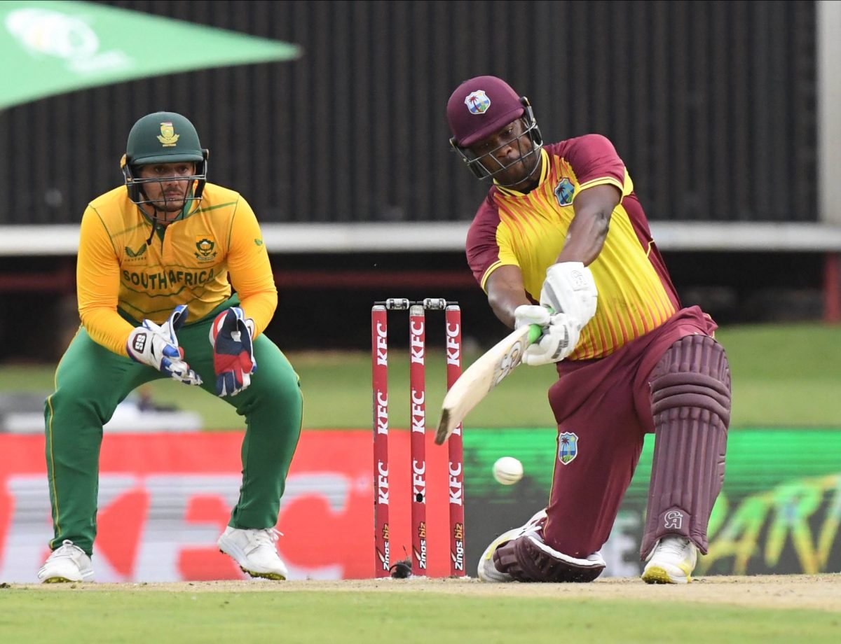 West Indies batsman Johnson Charles goes on the attack during his second T20 International hundred yesterday. (Photo courtesy CWI Media) 