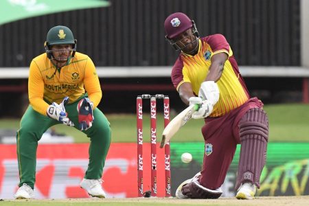 West Indies batsman Johnson Charles goes on the attack during his second T20 International hundred yesterday. (Photo courtesy CWI Media) 