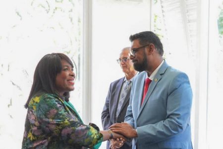 President Irfaan Ali meeting a member of the congressional delegation at State House (Office of the President photo)
