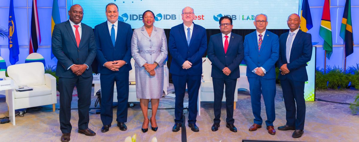 IDB President Ilan Goldfajn (centre) is flanked by other dignitaries attending the consultation. Guyana’s Senior Minister with responsibility for Finance, Dr. Ashni Singh, is third from right.