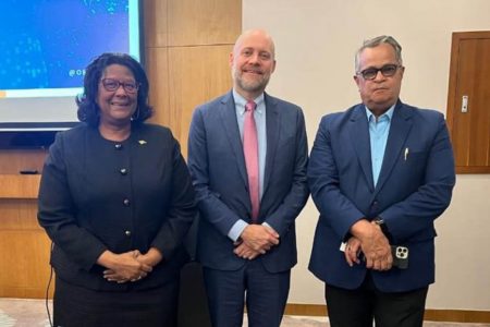 Deputy Assistant Attorney General of the U.S. Department of Justice, Richard W. Downing (centre) with Ambassador Elisabeth Harper, Permanent Secretary of the Ministry of Foreign Affairs (left) and National Security Advisor, Gerry Gouveia. (US Embassy photo)