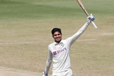 Shubman Gill celebrates his century. (Photo courtesy BCCI Twitter)
