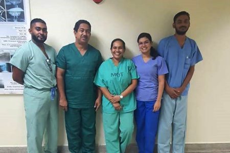 Surgery was done by Advanced Laparoscopic Surgeons Dr Hemraj Ramcharran (second from left) and Dr Jagnanand Ramnarine (right). Assisting were Dr Drohinath Singh (left), Dr Bibi Hussain (third from left) and Dr Dianne Narine.