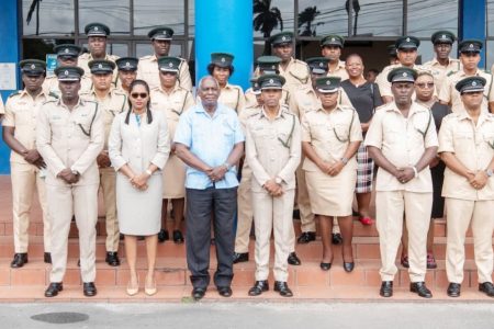 The Guyana Prison Service yesterday opened its three day officers’ conference under the theme ‘Promoting Rehabilitation and Societal Reinte-gration of Inmates’. The objectives of the conference include creating synergies at the managerial level and to build cohesive and coherent strategies for performance improvement in 2023 among others. In this photograph prison officers including Director of Prisons Nicklon Elliot are seen with Ministry of Home Affairs Robeson Benn and the ministry’s Permanent Secretary Mae Toussaint Jr. (Guyana Prison Service photo)