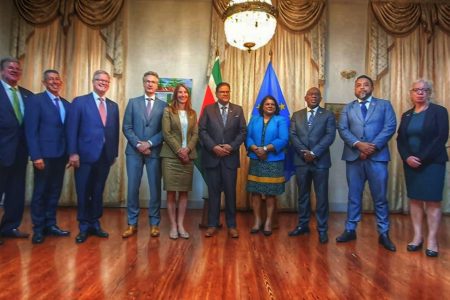 Suriname’s President Chandrikapersad Santokhi is sixth from right.  Deputy Secretary General of the EEAS, Helena König is seventh from right.
