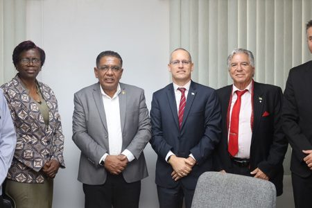 Agriculture Minister Zulfikar Mustapha (third from left) with Non-Resident Israeli Ambassador to Guyana, Itai Bardov (fourth from left) and officials from the Ministry of Agriculture (on the left) and representatives of KARLICO INC