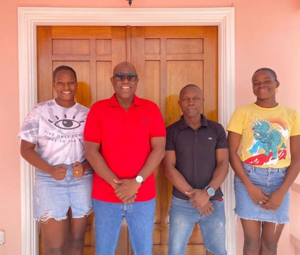 The Jackman sisters, Abiola, left, Alesha, right, Seibert Blake, second right and president of the Guyana Boxing Association Steve Ninvalle, second from left prior to their departure for the World Championships. (Photo courtesy of the Guyana Boxing Association).