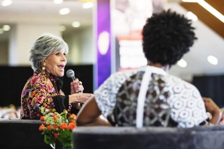 Jane Fonda speaks (left) about the most important life lessons she’s learned during the YWCA’s Empowering the W Brunch at the South Stadium Club in LSU’s Tiger Stadium in Baton Rouge, La., on Sunday, March 5, 2023.
