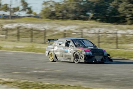 Kevin Jeffrey piloting his renowned Mitsubishi Evo 8 ‘Bush Cow’ on Sunday at the South Dakota Circuit. (Photo courtesy of Newsroom)