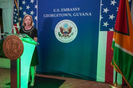 US Ambassador Sarah-Ann Lynch speaking on Friday at the reception (Office of the President photo)