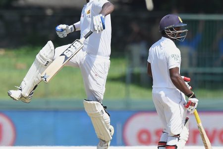Sri Lanka’s Angelo Mathews celebrates his 14th test ton