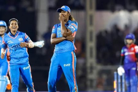 Off-spinning all-rounder Hayley Matthews celebrates her third wicket during Sunday’s final. (Photo courtesy BCCI)
