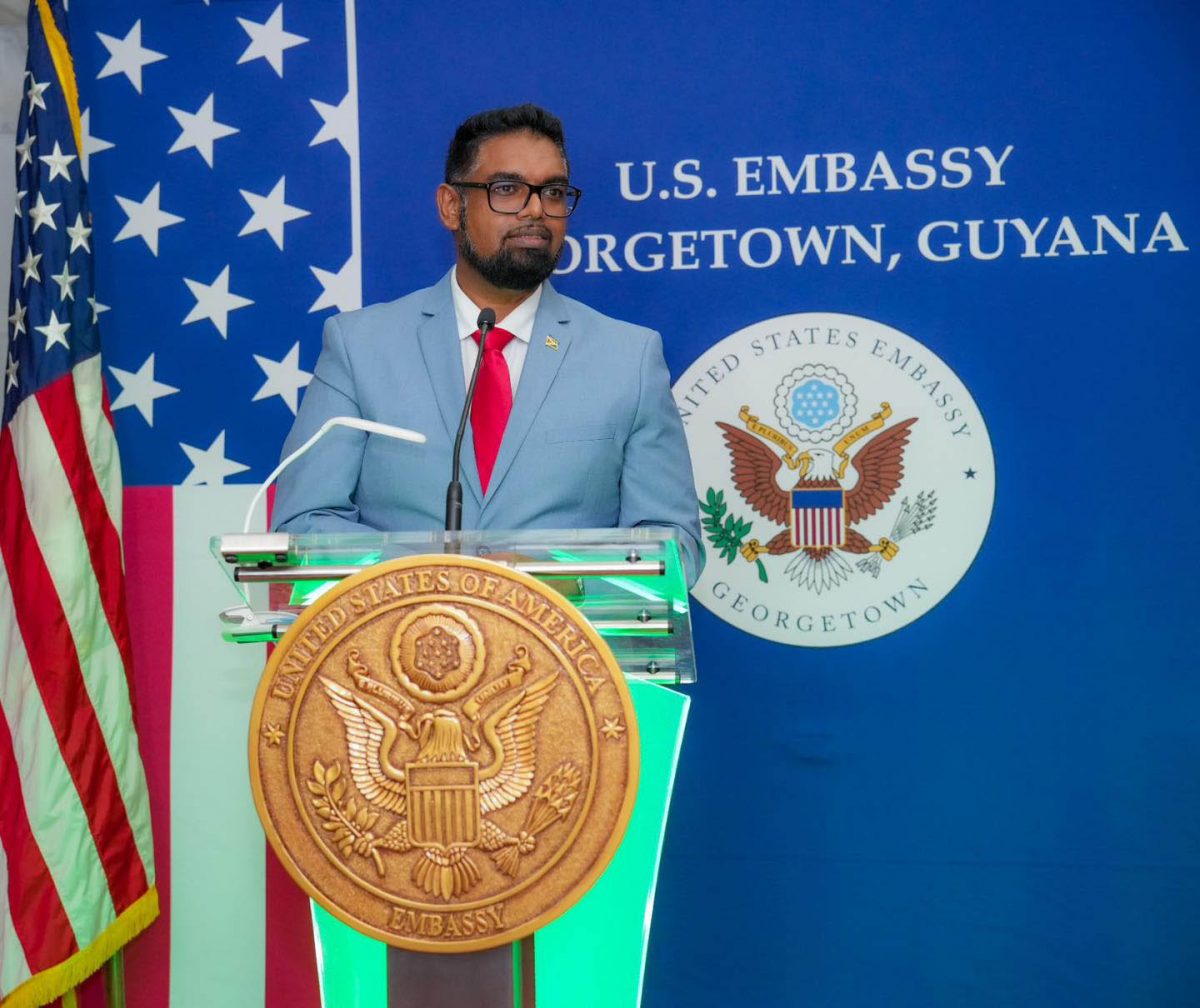 President Irfaan Ali speaking at the reception (Office of the President photo)