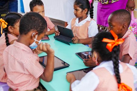 Pupils at the school yesterday (Ministry of Education photo)