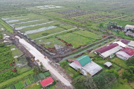 An aerial view of road works being undertaken within the available lands