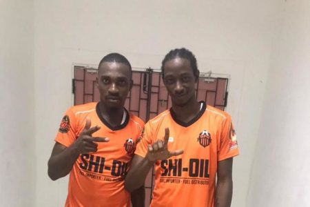 Slingerz FC scorers from left Delon Lanferman and Sheldon Holder