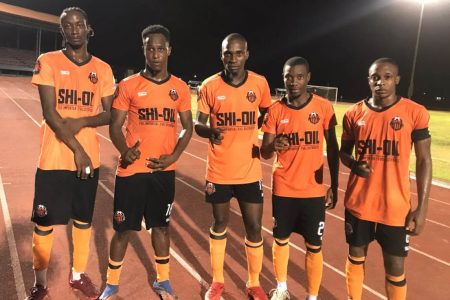 Slingerz FC scorers from left Sheldon Holder, Clive Nobrega, Delon Lanferman, Dexroy Adams and Leo Lovell