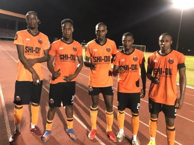 Slingerz FC scorers from left Sheldon Holder, Clive Nobrega, Delon Lanferman, Dexroy Adams and Leo Lovell