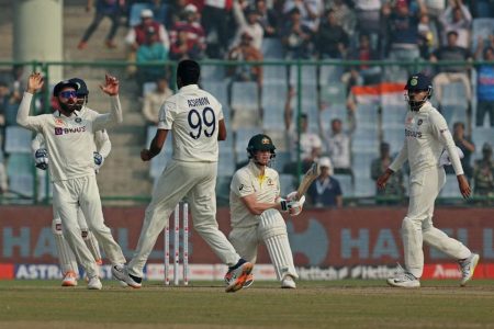 Ravichandran Ashwin celebrates with teammates after taking the wicket of Australia’s Steve Smith REUTERS/Anushree Fadnavis.