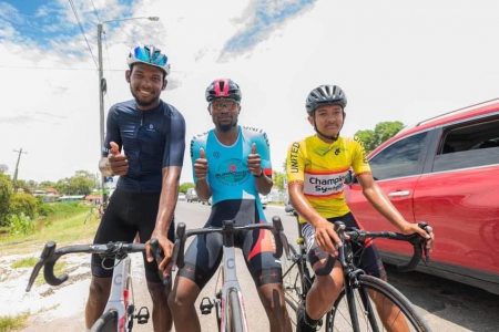  Briton John (centre), Jamual John and Alex Leung incredibly finished 1-2-3 in the 23rd edition of the Cheddi Jagan Memorial 72-mile road race yesterday.