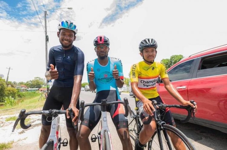  Briton John (centre), Jamual John and Alex Leung incredibly finished 1-2-3 in the 23rd edition of the Cheddi Jagan Memorial 72-mile road race yesterday.