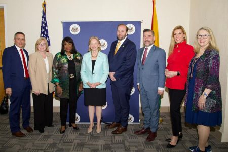 US Ambassador Sara-Ann Lynch (fourth from left) with the US House of Representatives Ways and Means Committee delegation. Fourth from right is the Chairman, Jason Smith. (US Embassy photo)