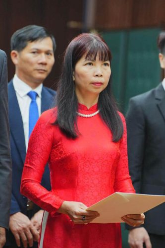 Pham Thi Kim Hoa preparing to present her credentials. (Office of the President photo